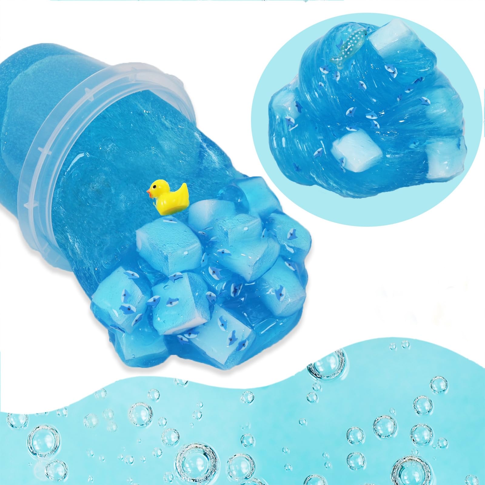 Premade Crystal Slime Sky Blue Jelly Cube Glimmer Crunchy Slime, Includes 4 Sets of Slime Add-ins, Party Favors for Kids, Sensory and Tactile Stimulation, Stress Relief, for Girls & Boys