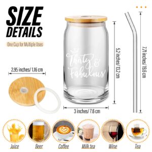 Nuanchu Birthday Glass Cups Gifts with Lid and Straw Not a Day over Fabulous Gifts 16th 21st 30th 40th 50th Birthday Decoration Clear Coffee Glass Cups for Women Coworker Employee Friend (30th)