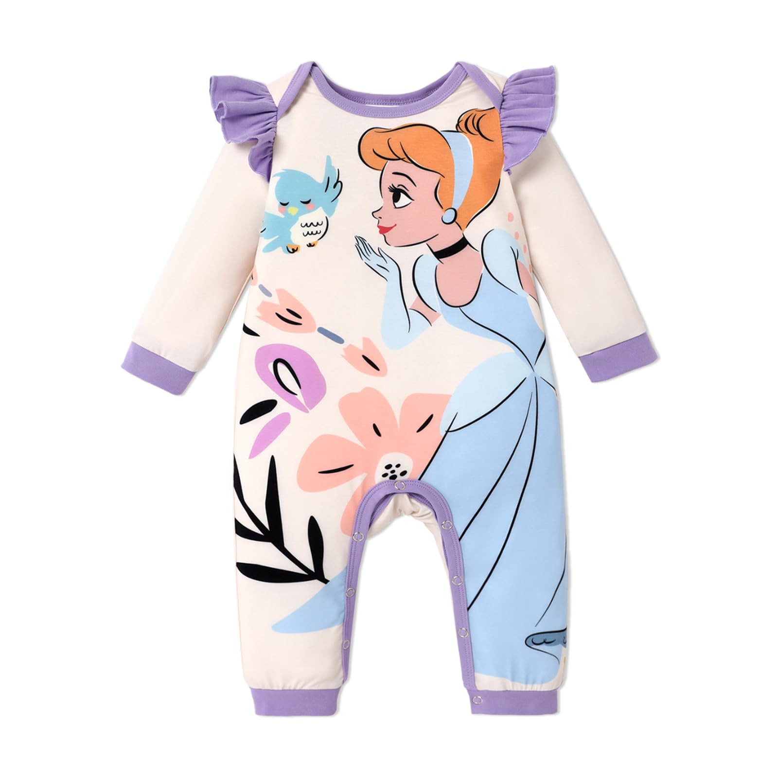 Disney Princess Rapunzel Ariel Belle Tiana Baby Girls Ruffle Long Sleeve Romper Newborn to Infant Apricot 0-3 Months