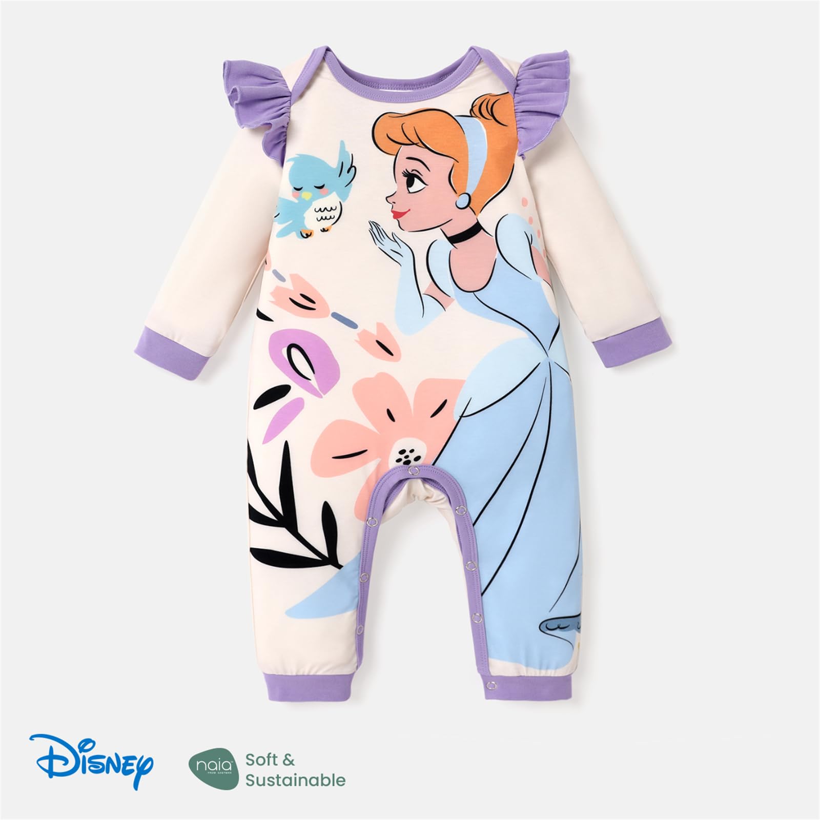 Disney Princess Rapunzel Ariel Belle Tiana Baby Girls Ruffle Long Sleeve Romper Newborn to Infant Apricot 0-3 Months