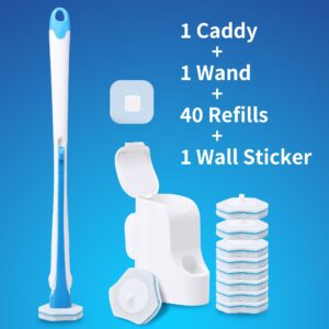 DALIPER Disposable Toilet Brush with 40PCS Refills, Wall Mounted Compact Bathroom Bowl Wand Cleaning System Long Handle with Storage Caddy