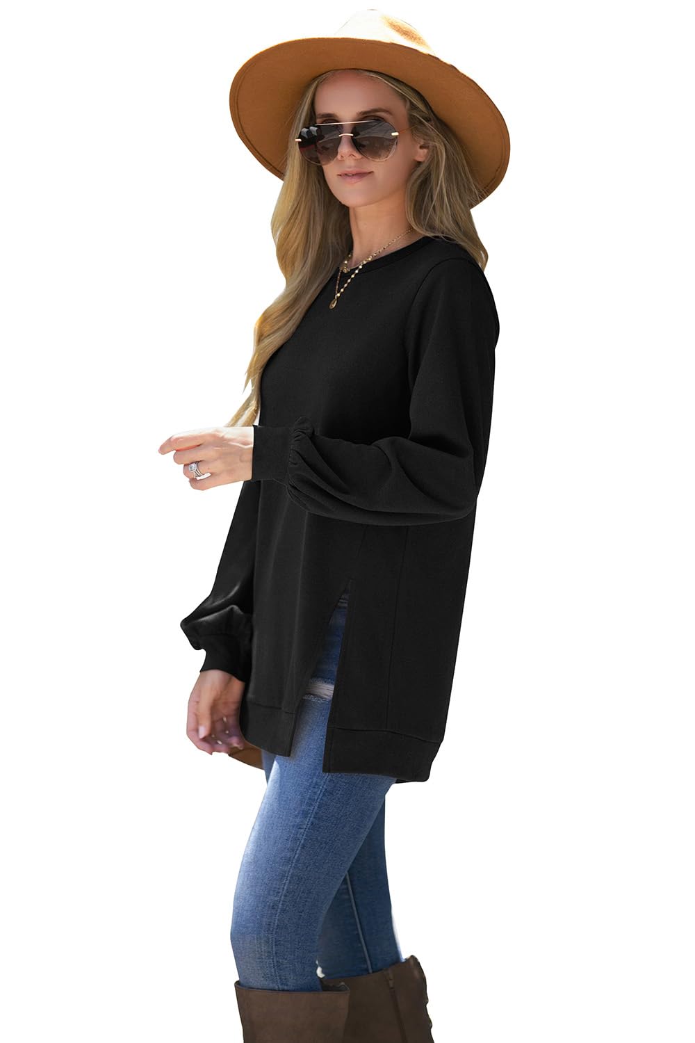 WIHOLL Womens Tops Dressy Casual Long Sleeve Black Crewneck Sweatshirt Lightweight XL