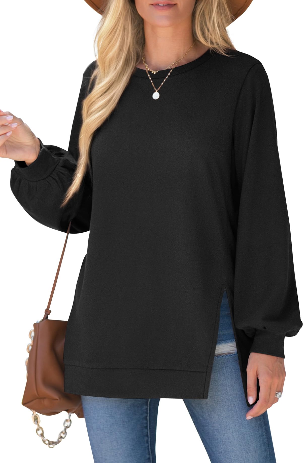 WIHOLL Womens Tops Dressy Casual Long Sleeve Black Crewneck Sweatshirt Lightweight XL