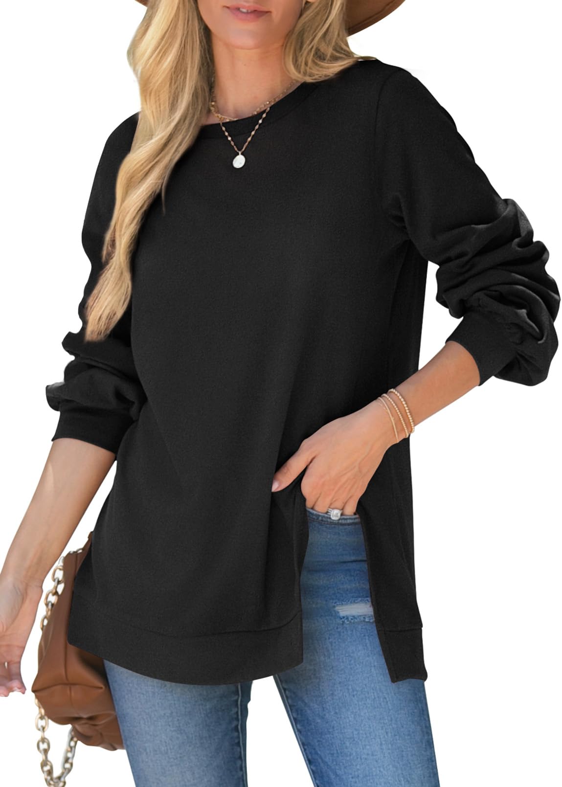 WIHOLL Womens Tops Dressy Casual Long Sleeve Black Crewneck Sweatshirt Lightweight XL