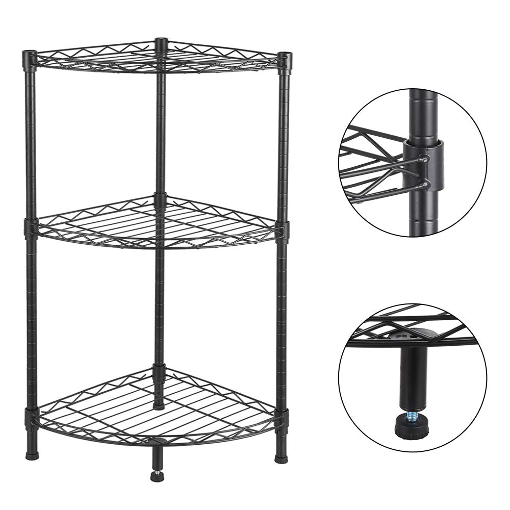 Corner Display Rack,Multipurpose Shelving Unit,Heavy Duty Storage Shelving Unit,Wire Shelving Unit Commercial Metal Shelf,Steel Organizer Wire Rack for Restaurant ,Pantry,Kitchen Garage (Black,3 Tier)