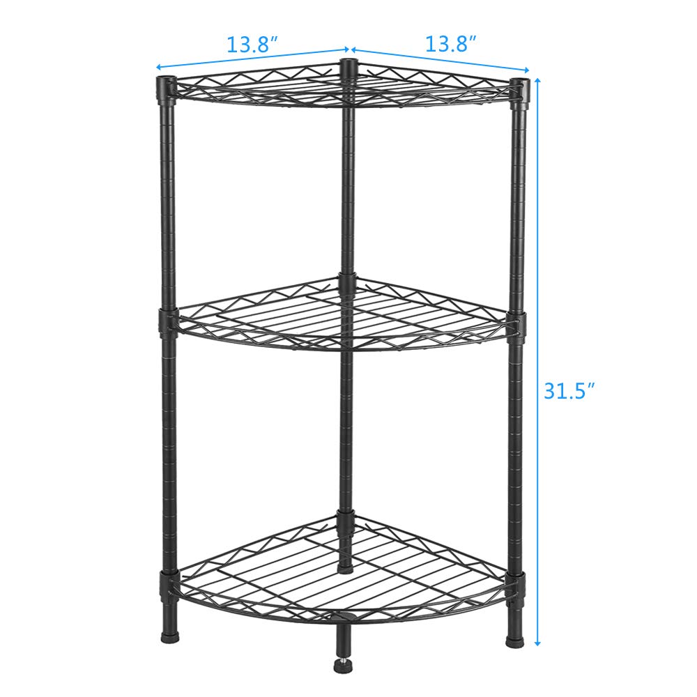 Corner Display Rack,Multipurpose Shelving Unit,Heavy Duty Storage Shelving Unit,Wire Shelving Unit Commercial Metal Shelf,Steel Organizer Wire Rack for Restaurant ,Pantry,Kitchen Garage (Black,3 Tier)