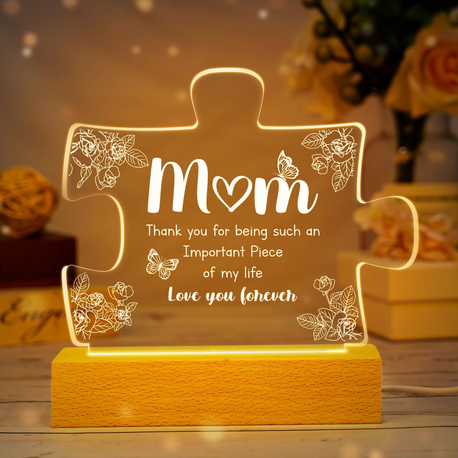 Gifts for Mom - Birthday Gifts for Mom Engraved Night Light Lamp, Mom Christmas Gifts with Wooden Base, Mom Gifts from Daughter Son, Presents for Mom Mother, New Mom, Mother in Law, Ideas