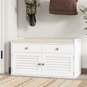 warmhoniu shoe storage bench with 2 drawers & 2 door cabinet, entryway bench with shoe storage, shoe bench with cushion, adjustable shelves, shoe rack bench for entryway, hallway, bedroom, white