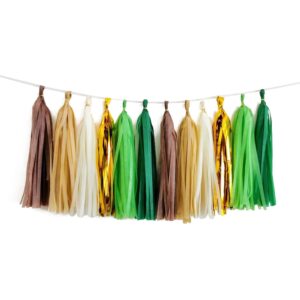 30pcs green gold brown wild one party banner diy tissue paper tassel garland jungle safari woodland baby shower streamers backdrop birthday nursery classroom hanging decorations