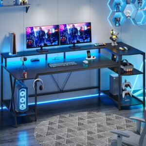 SEDETA Gaming Desk 70.8'' with LED Lights and Storage Shelves, Computer Desk with Monitor Stand, Power Outlets and Cup Holder, Large PC Gamer Desk, Gaming Table for Bedroom, Living Room, Black