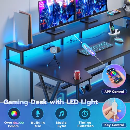 SEDETA Gaming Desk 70.8'' with LED Lights and Storage Shelves, Computer Desk with Monitor Stand, Power Outlets and Cup Holder, Large PC Gamer Desk, Gaming Table for Bedroom, Living Room, Black