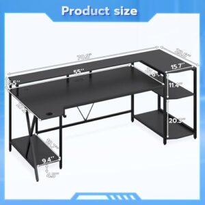 SEDETA Gaming Desk 70.8'' with LED Lights and Storage Shelves, Computer Desk with Monitor Stand, Power Outlets and Cup Holder, Large PC Gamer Desk, Gaming Table for Bedroom, Living Room, Black