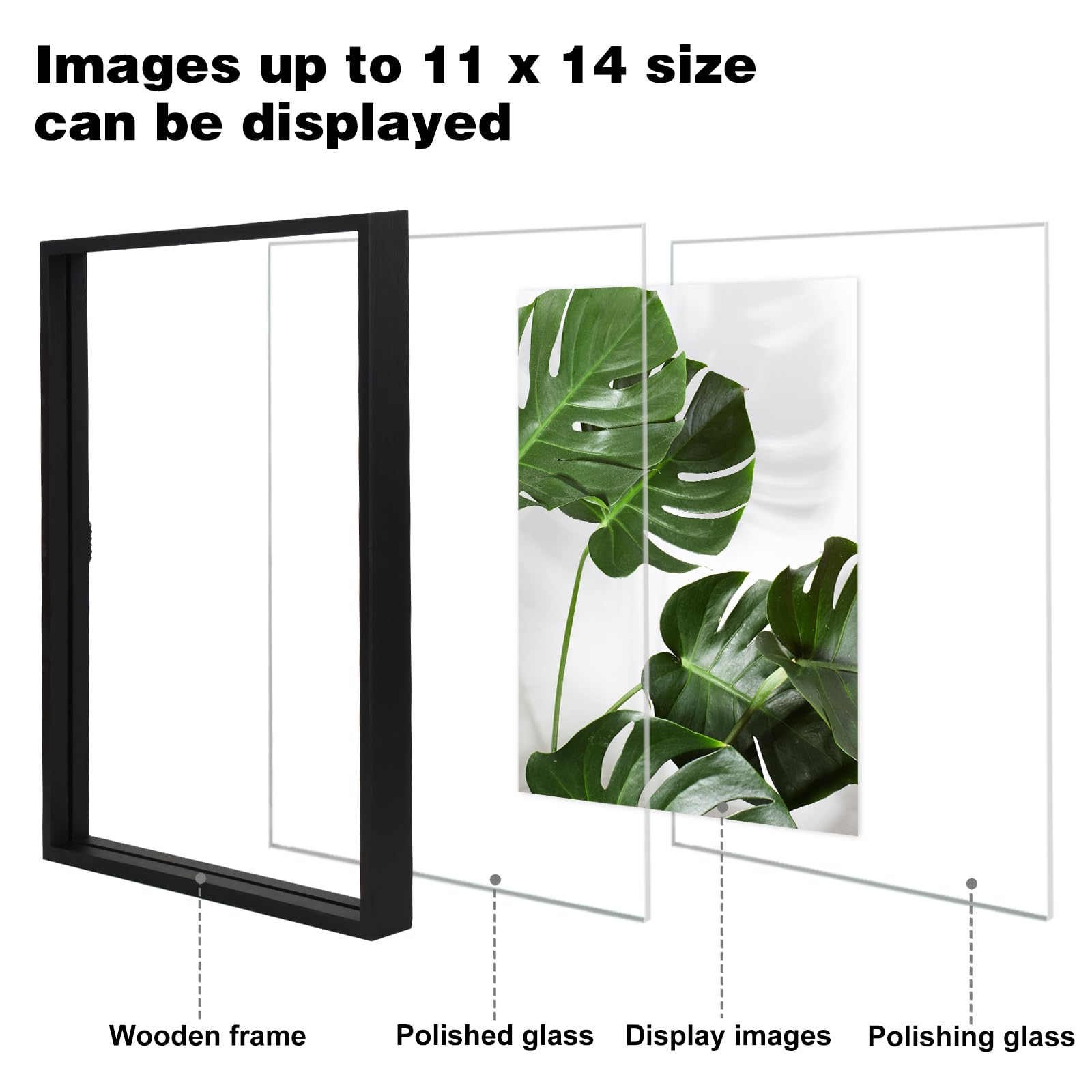 Fixwal 11x14 Set of 2 Black Floating Frames, Double Glass Picture Frame for Photos 11 x 14 or Smaller, Made of Solid Wood Frame, Glass Display Design, Desktop or Wall Display