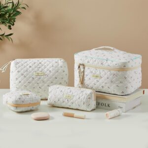 HBselect 4Pcs Cotton Quilted Makeup Bag Coquette Makeup Bag Large Travel Cosmetic Bag Aesthetic Cute Kawaii Cherry Makeup Bag Toiletry Bags Coin Purse for Women Girls