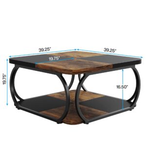 Tribesigns Square Coffee Table with 2 Tiers, 40 inches Low Farmhouse Coffee Table with Wood Storage Shelf Heavy Duty Metal Curved Frame for Modern Living Room, Black Rustic Brown