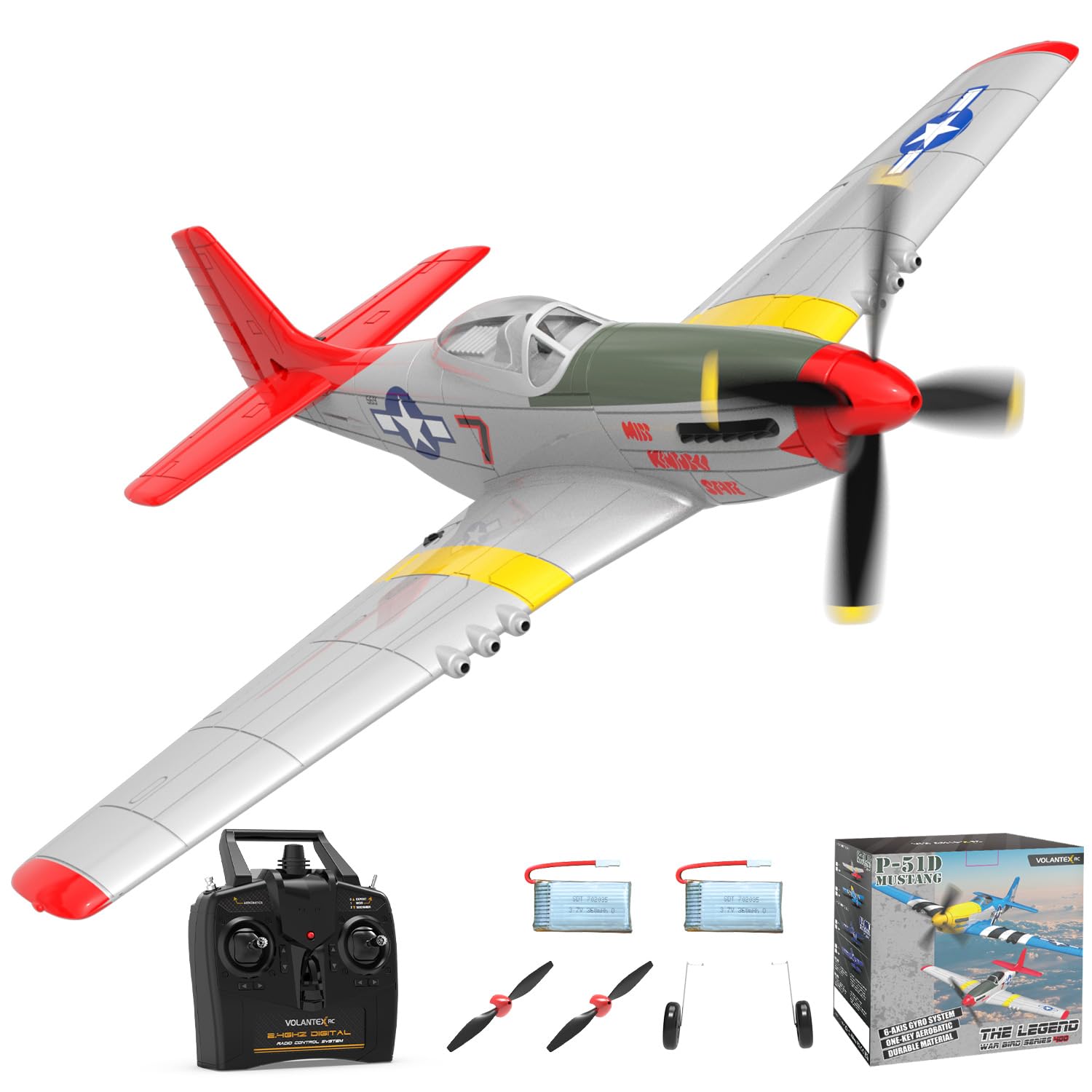 VOLANTEXRC RC Plane P51D Mustang RTF for Beginners, 2.4Ghz 4CH Remote Control Airplane Easy to Fly with Gyro Stabilization, Outdoor Hobby WWII Toy for Kids & Adults (Red)