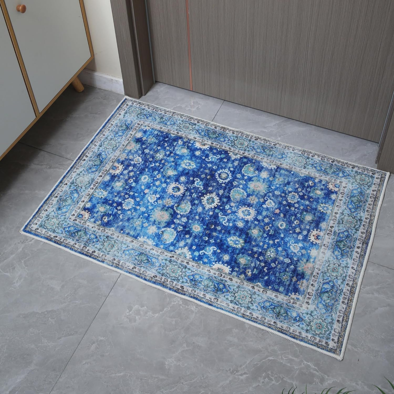 Rugcomf Door Mat Indoor Entrance 2x3 Rug Machine Washable Boho Soft Floral Small Area Rug Non-slip Low Pile Throw Rugs for Entryway, Kitchen, Front Door Indoor Entrance, Entry, Kids Room (Blue)