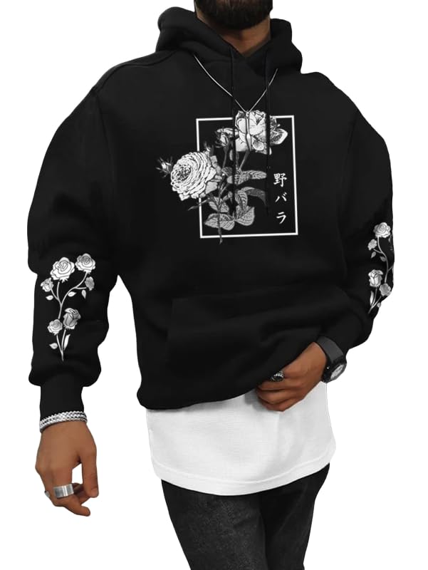 SOLY HUX Men's Floral Print Casual Graphic Hoodies Drawstring Long Sleeve Pullover Sweatshirt Black Floral M