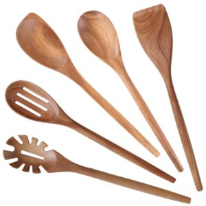 mornhalo 2pcs acacia wooden spoons for cooking-14 inch smooth finish cooking spoons-comfortable grip wood spoons for cooking - non-stick cooking utensils (cooking spoon set 5pcs)