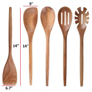 MornHalo 2PCS Acacia Wooden Spoons For Cooking-14 Inch Smooth Finish Cooking Spoons-Comfortable Grip Wood Spoons for Cooking - Non-Stick Cooking Utensils (Cooking Spoon Set 5pcs)