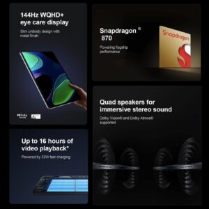 Xiaomi Pad 6 WiFi Version 11 inches 144Hz 8840mAh Bluetooth 5.2 Four Speakers Dolby Atmos 13 Mp Camera + Fast Car 51W Charger Bundle (Gravity Gray, 128GB+8GB)