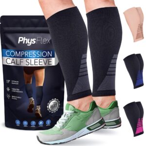 Calf Compression Sleeves for Men and Women - (1 Pair) Footless Compression Socks Support for Varicose Vein, Nursing, Pregnancy, Running - PhysFlex Leg Sleeve Brace for Shin Splints, Pain Relief and Reduces Swelling (Black, Medium)