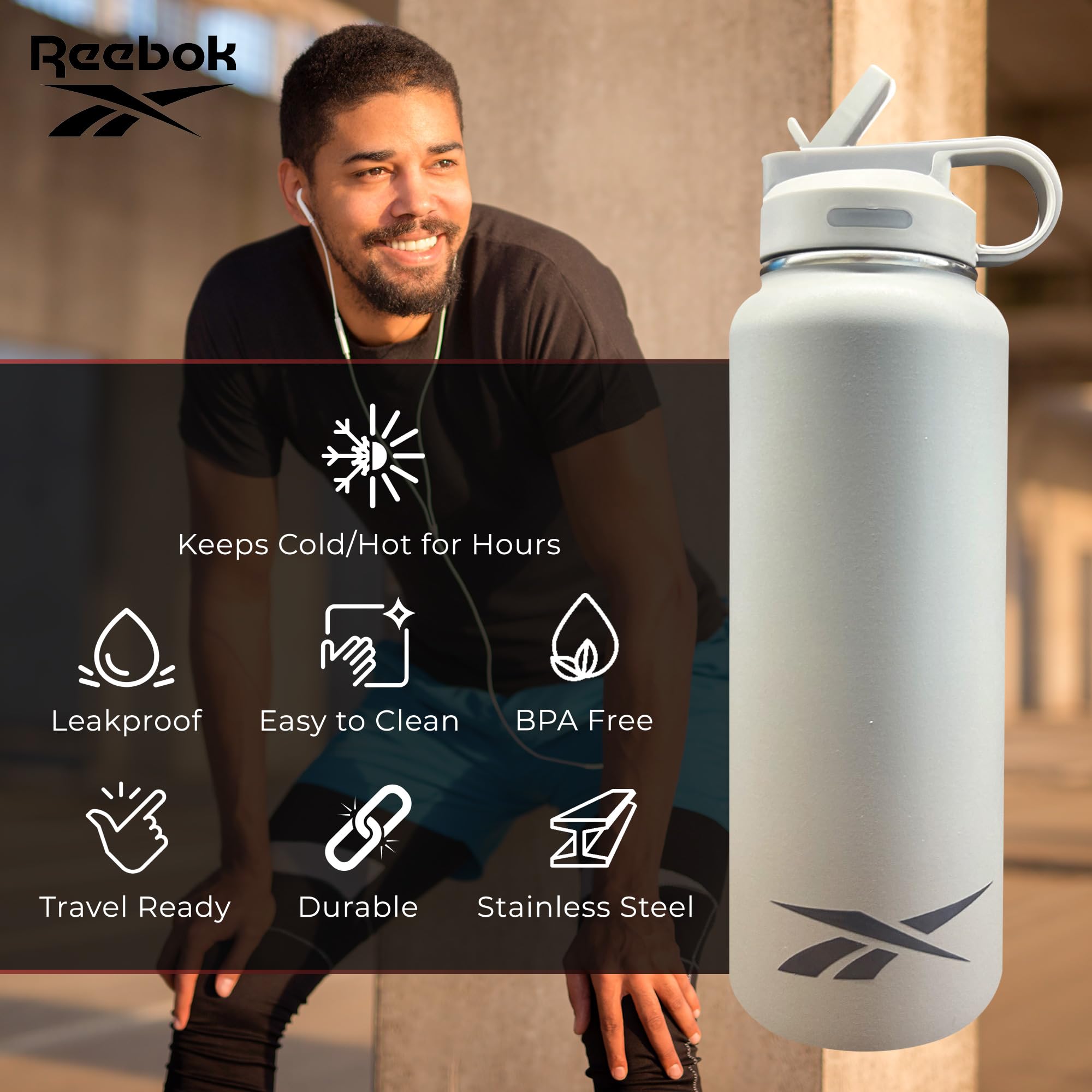 Reebok Stainless Steel Water Bottle With Straw & Athletic Design - Insulated Water Bottles 32 oz - Double Wall Vacuum Insulated Sports Water Bottle With Straw, BPA Free (White)