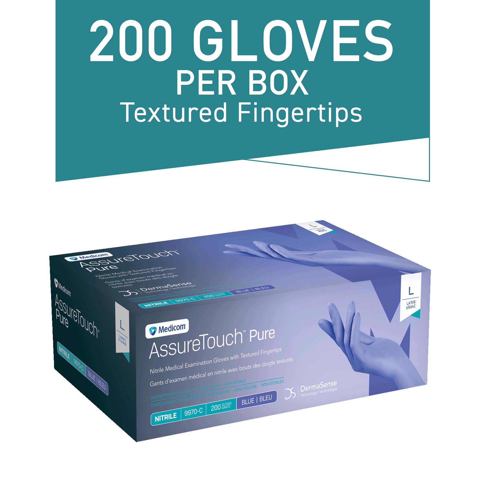 Medicom AssureTouch Pure Nitrile Medical Exam Gloves, Large 3-Mil 200 Count, Disposable Latex Free Gloves, Powder Free