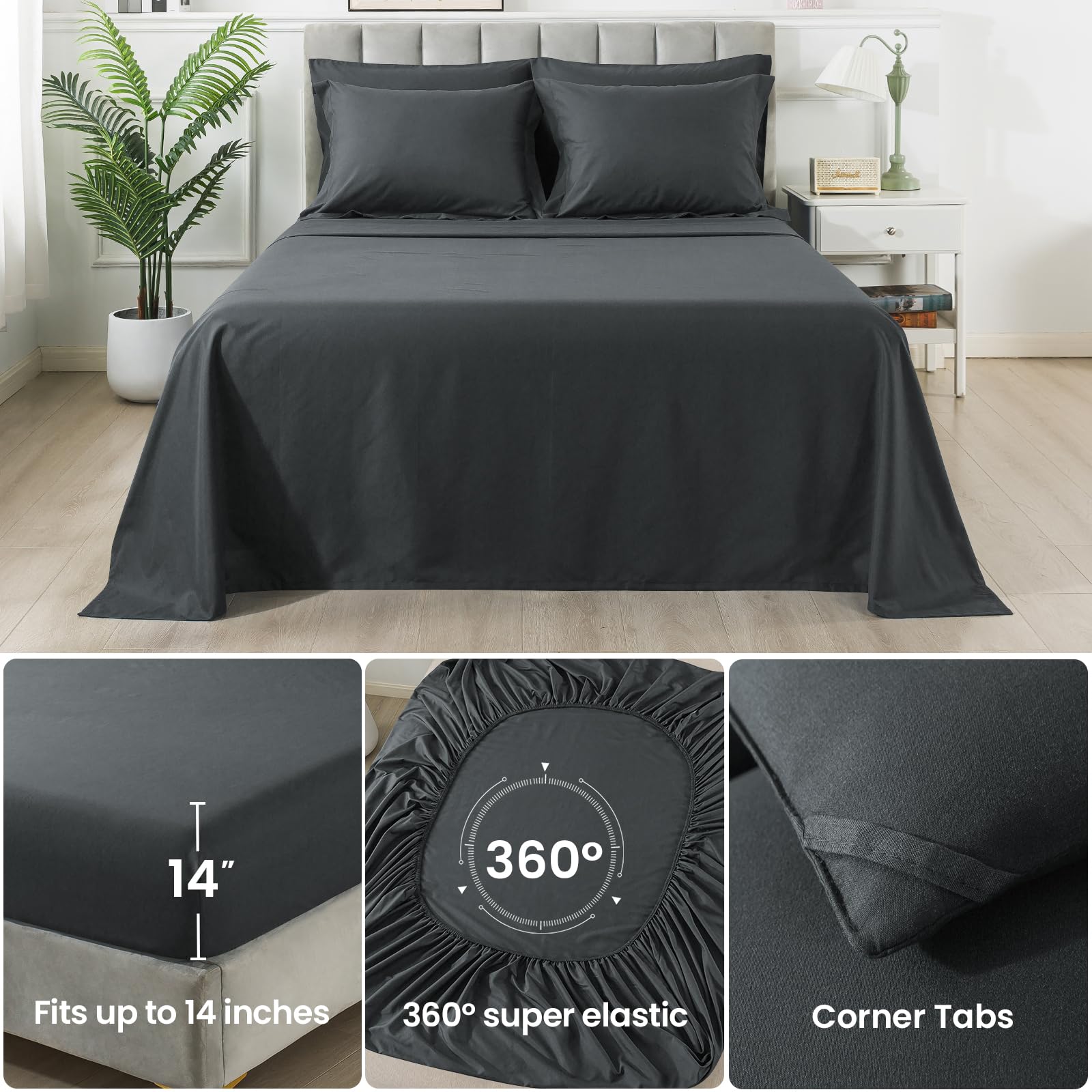 SameBed Queen Size Comforter Set, 7 Pieces Bed in a Bag, Bedding Sets with All Season Soft Quilted Lightweight Comforter, Flat Sheet, Fitted Sheet, 2 Pillow Shams, 2 Pillowcases, Dark Grey