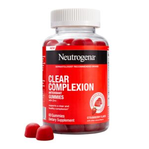 neutrogena clear complexion antioxidant gummies with zinc, daily skincare supplement with vitamin a, vitamin c & vitamin e for clear, healthy skin + probiotics, strawberry flavor, 60 ct