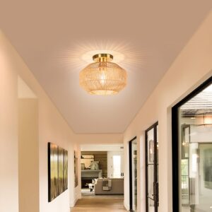 Semi Flush Mount Ceiling Light Paper Woven Rattan Hallway Light Fixture Boho Farmhouse Ceiling Lights for Porch Hallway Kitchen Bedroom, Bulb Not Included (Woven)