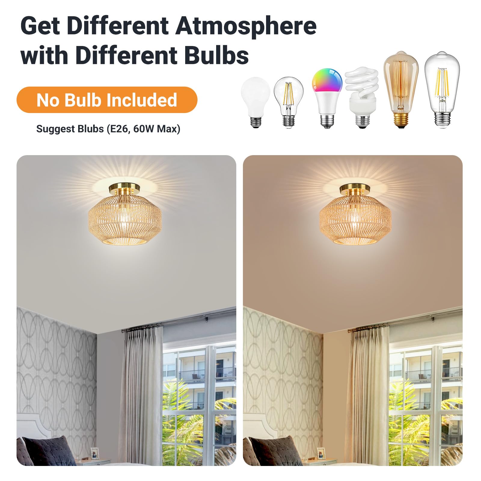 Semi Flush Mount Ceiling Light Paper Woven Rattan Hallway Light Fixture Boho Farmhouse Ceiling Lights for Porch Hallway Kitchen Bedroom, Bulb Not Included (Woven)