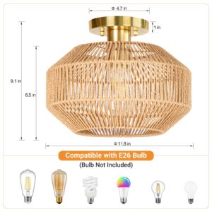 Semi Flush Mount Ceiling Light Paper Woven Rattan Hallway Light Fixture Boho Farmhouse Ceiling Lights for Porch Hallway Kitchen Bedroom, Bulb Not Included (Woven)