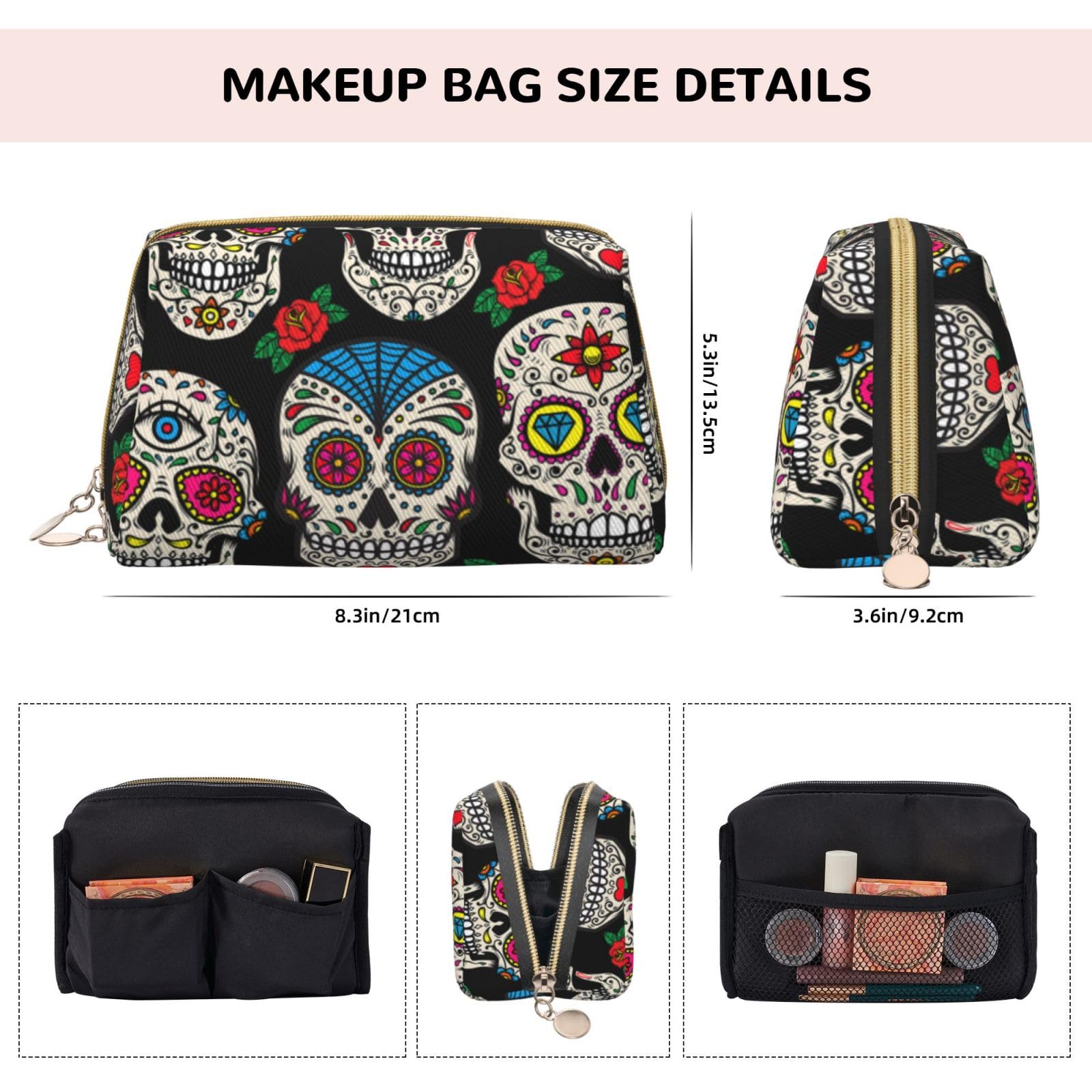 MZERSE Vintage Makeup/Travel/Cosmetic Portable Bag with Zipper, Lightweight Toiletry Bag Case Pouch Compatible With Halloween Mexican Day Dead Sugar Skulls, Luxury Cash Pencil Bag Gift