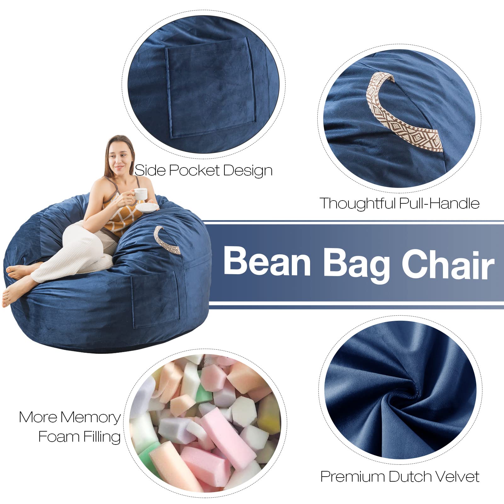 [Removable Outer Cover] Large Bean Bag Chair, 3 ft Bean Bag Chairs for Adults/Kids with Filling,Soft Memory Foam Bean Bag with Filler Included,Machine Washable - 3 Foot,Dark Blue