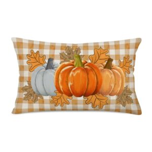 fukeen orange buffalo plaid pumpkin autumn maple leaves throw pillow cover 12x20 inch harvest fall decor lumbar pillow cases vintage rectangular cushion cover thanksgiving day gifts