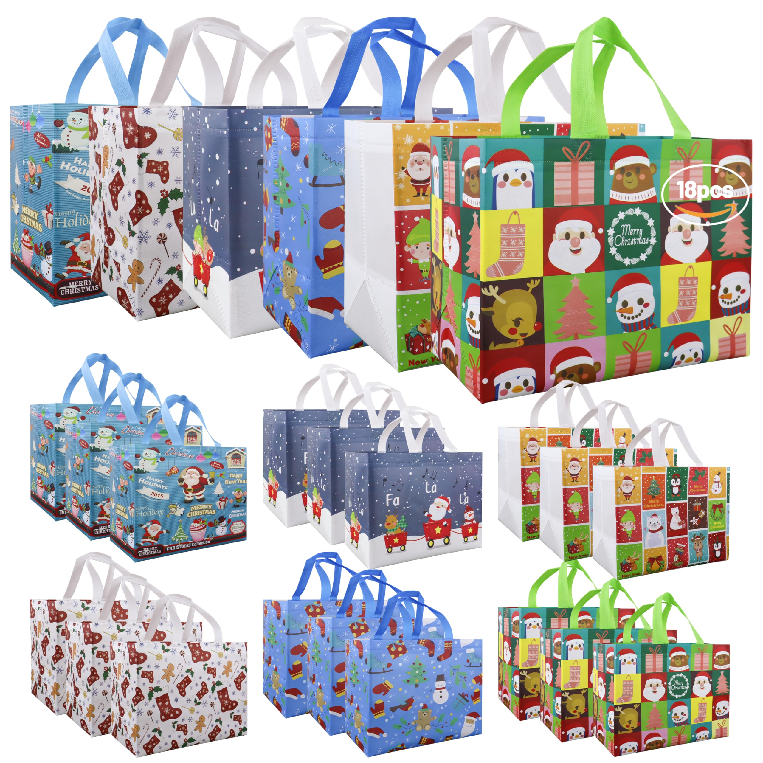 CHENGBAI TOTE Christmas Goodie Bags 18 pcs, Reusable Gift Bags with Cartoon, Multicolorful Holiday Gift Bags for Kid, Gifts Wrapping, Shopping, Xmas Party Supplies, 12.2 x 6.7 x 9.8 In