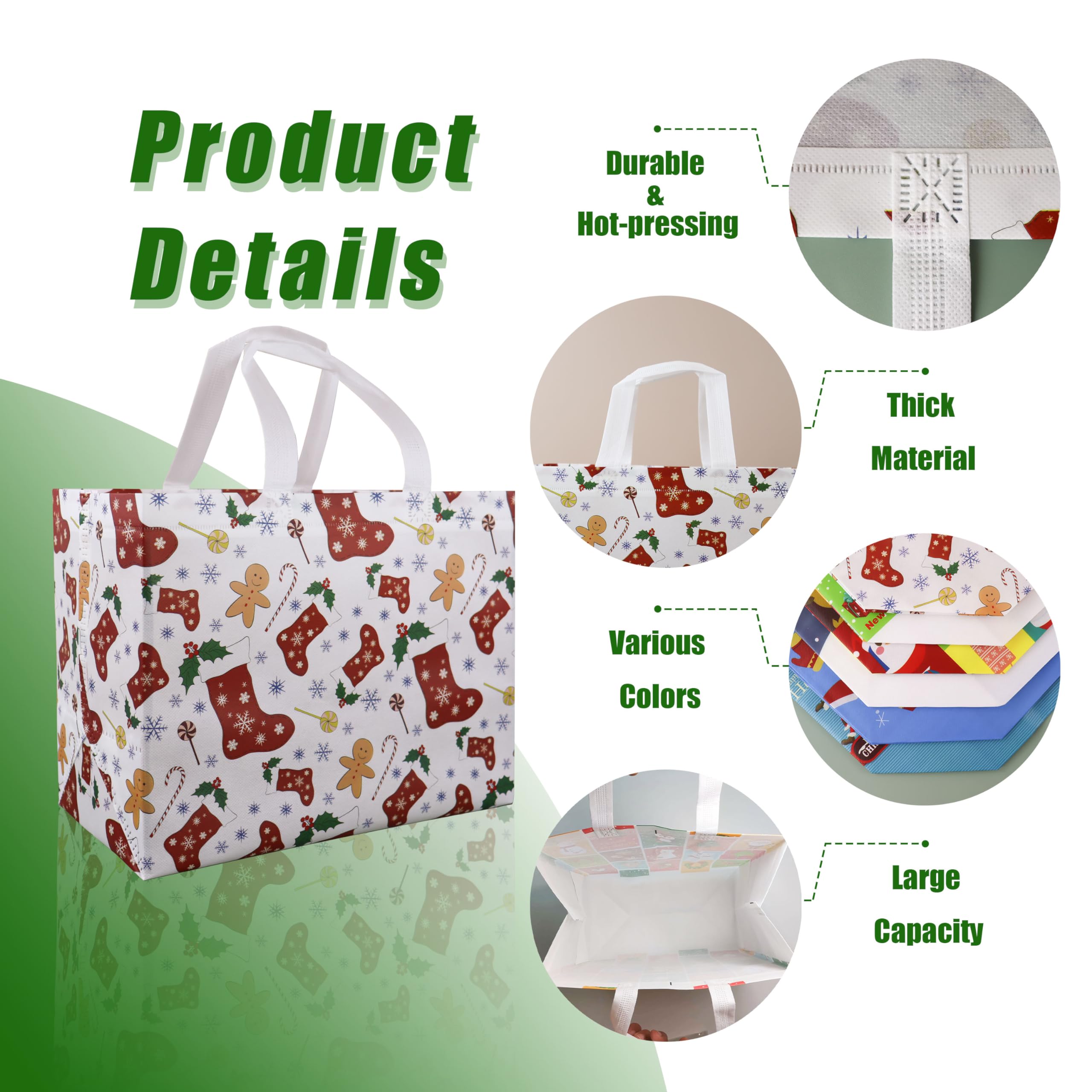 CHENGBAI TOTE Christmas Goodie Bags 18 pcs, Reusable Gift Bags with Cartoon, Multicolorful Holiday Gift Bags for Kid, Gifts Wrapping, Shopping, Xmas Party Supplies, 12.2 x 6.7 x 9.8 In