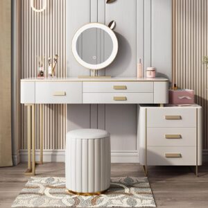 Luxury Makeup Vanity Desk with 6 Solid Wood Drawers, Freely Movable Side Cabinet, Marble Slate Desktop Dressing Table, Microfiber Leather Wrapped Vanity Stool - 39.4In White