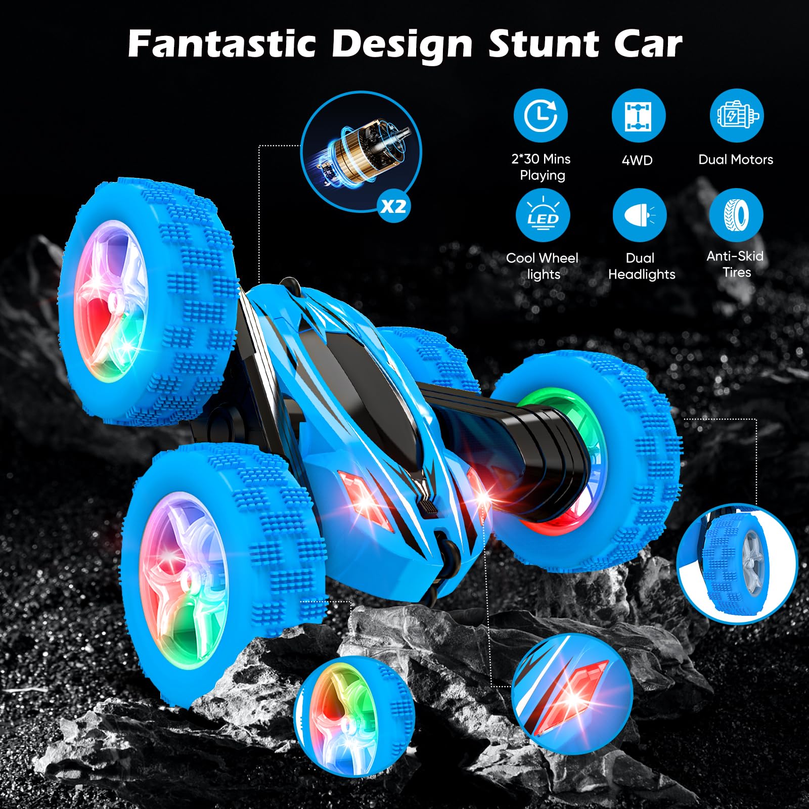 Qumcou Remote Control Car,RC Cars Toys for Boys,2.4Ghz High Speed Kids Toys Cars with Headlights and Wheel Lights,Christmas Birthday Gifts for Boys Age 6-12（Blue