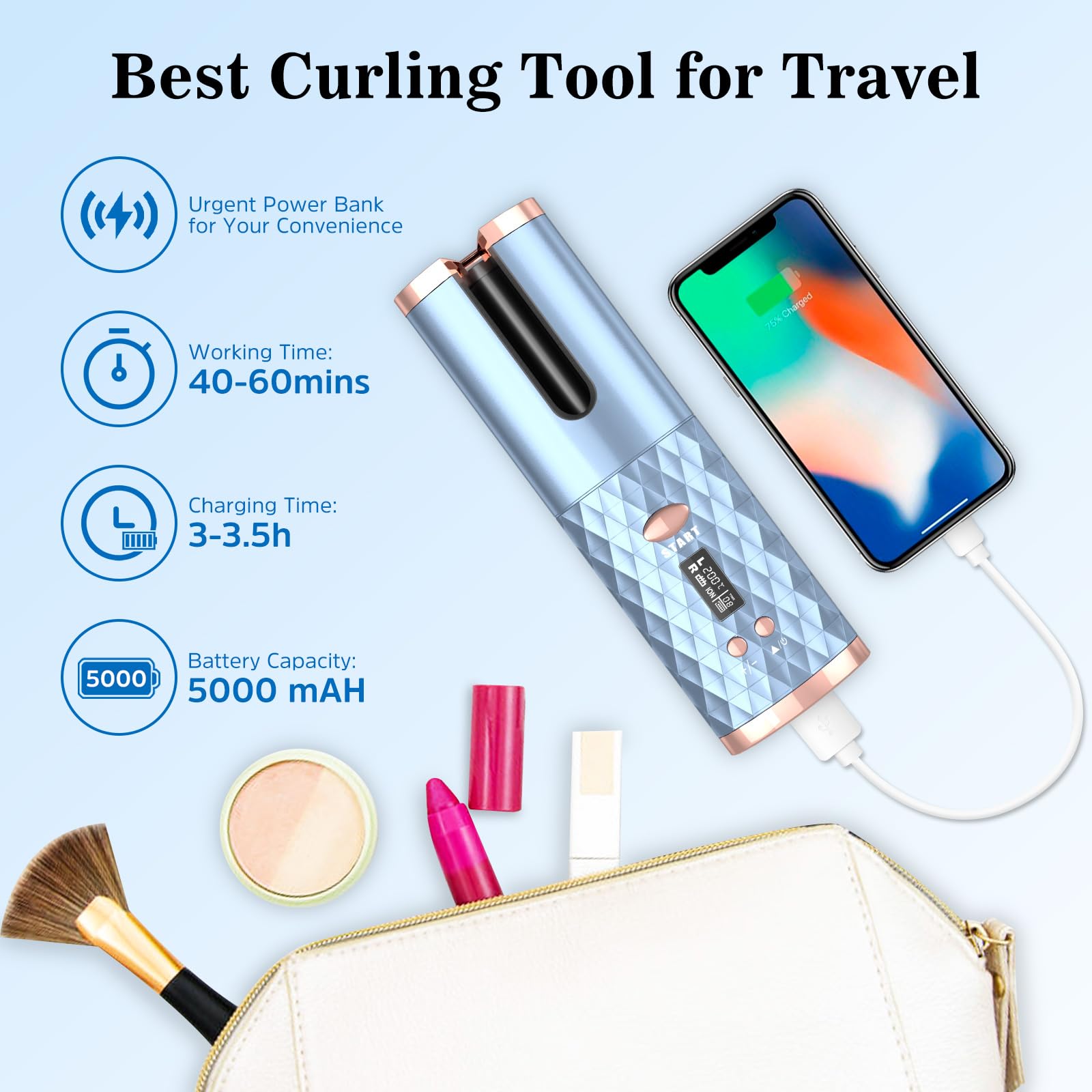 Automatic Curling Iron, Cordless Auto Hair Curler, Ceramic Rotating Hair Curler with 6 Temps & Timers, Portable Rechargeable Curling Wand, Auto Shut-Off, Fast Heating Iron for Styling