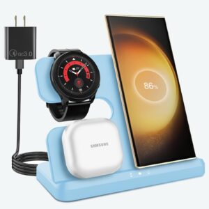 Charging station for Samsung,OVISBAI 3 in 1 wireless charger for Android Samsung Galaxy Z Fold5 /Z Flip5/S24 S23 Ultrl/S22 Ultra/S23/Z Fold 4/Flip 4/S22,Galaxy Watch 6/6 classic/5/5 Pro/4(Sky Blue)