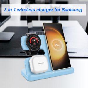 Charging station for Samsung,OVISBAI 3 in 1 wireless charger for Android Samsung Galaxy Z Fold5 /Z Flip5/S24 S23 Ultrl/S22 Ultra/S23/Z Fold 4/Flip 4/S22,Galaxy Watch 6/6 classic/5/5 Pro/4(Sky Blue)