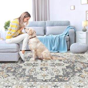 OIGAE Washable Rug 8x10, Vintage Medallion Area Rugs with Non-Slip Backing, Non-Shedding Floor Mat Throw Carpet for Living Room Bedroom Kitchen Laundry Home Office, Light Grey