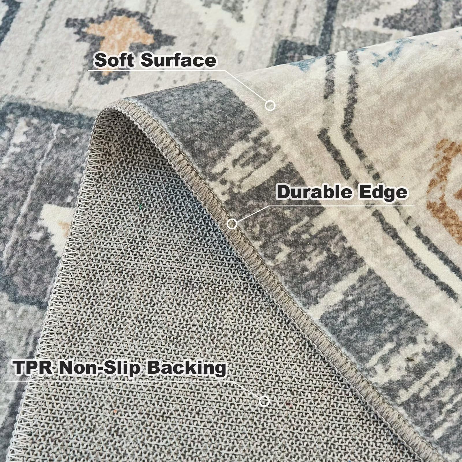 OIGAE Washable Rug 8x10, Vintage Medallion Area Rugs with Non-Slip Backing, Non-Shedding Floor Mat Throw Carpet for Living Room Bedroom Kitchen Laundry Home Office, Light Grey