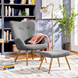 yaheetech accent chair and ottoman set, sherpa armchair with golden metal legs and high back, footstool for living room, lounge, gray