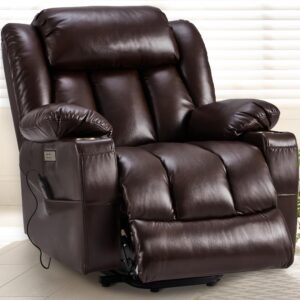 kasunpul large power lift recliner chair with massage and heat for elderly, overstuffed wide recliners, genuine leather with breathable microporous, usb ports, 2 cup holders (brown)