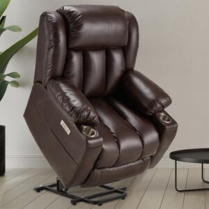 Kasunpul Large Power Lift Recliner Chair with Massage and Heat for Elderly, Overstuffed Wide Recliners, Genuine Leather with Breathable microporous, USB Ports, 2 Cup Holders (Brown)