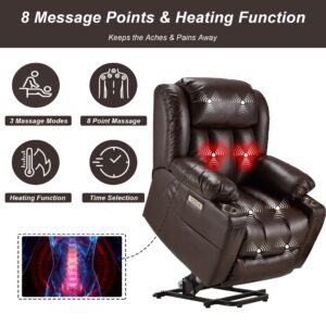 Kasunpul Large Power Lift Recliner Chair with Massage and Heat for Elderly, Overstuffed Wide Recliners, Genuine Leather with Breathable microporous, USB Ports, 2 Cup Holders (Brown)