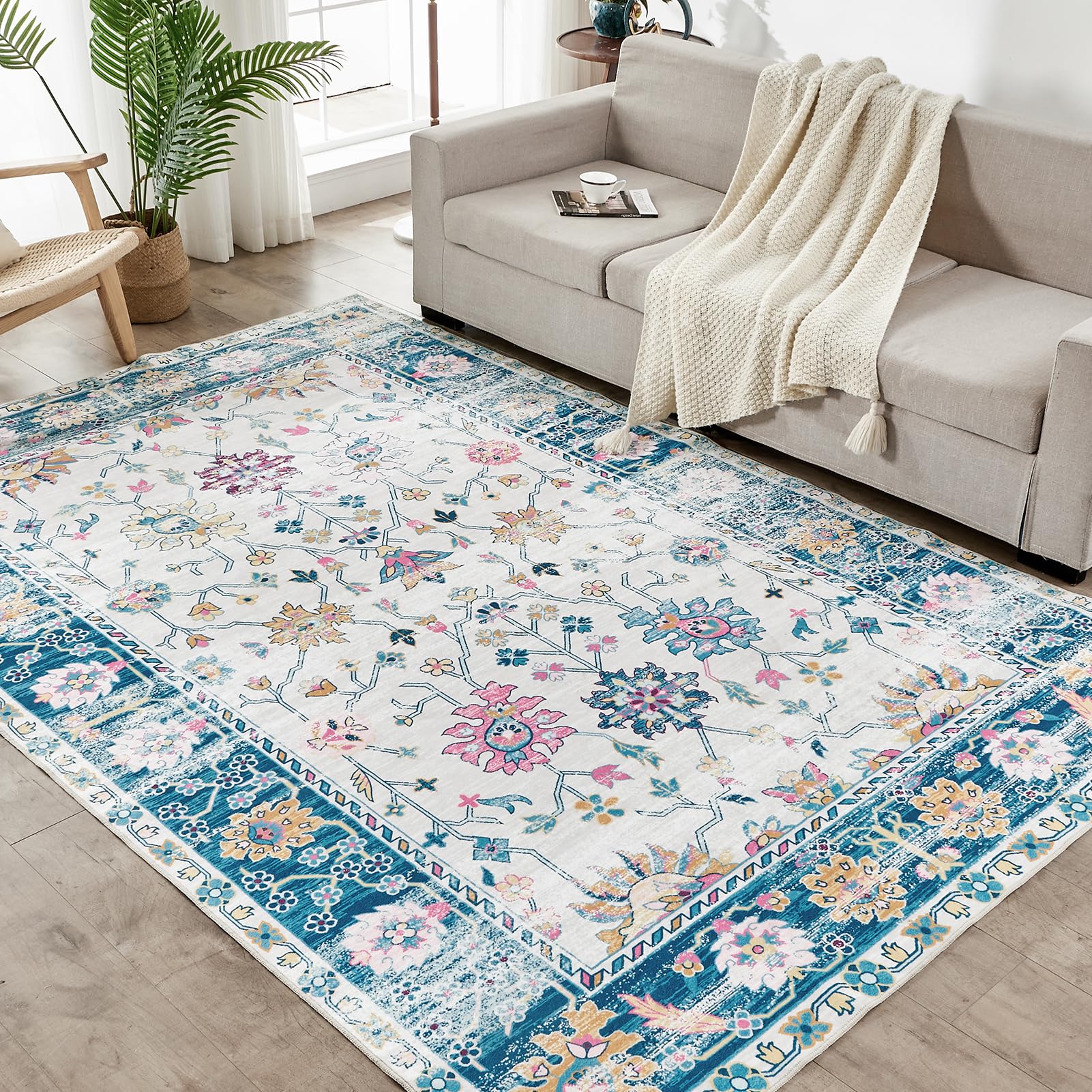 INGEROOM Washable Area Rug, 8x10 Large Area Rug for Living Room, Soft Area Rug for Bedroom, Vintage Design, Stain Resistant Rugs, TPR Anti-Slip Backing, Non Shedding, Floral Area Rug